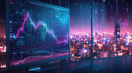 Aufkleber - Chart, trading, space in the background with turquoise purple and light blue colors. Generative AI.