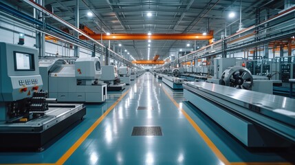 Poster - Aluminum machining factory, illuminated and with machining centers. Generative AI.