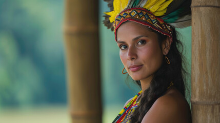 Wall Mural - Beautiful indigenous woman with feathers on her head in traditional clothing near her bungalow.