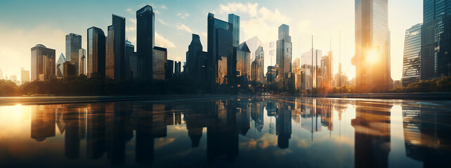 Wall Mural - panoramic view of tall buildings, towers, skyscrapers and street on the sunset, reflecting sunlight.