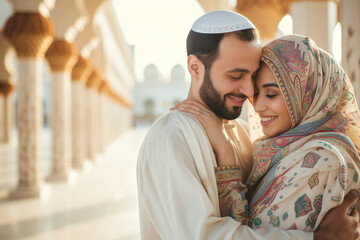 Happy Muslim couple embraces each other against mosque columns. Married man and woman share moment with spirits uplifted by sanctity of surroundings