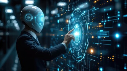 Poster - Artificial intelligence AI research of robot and cyborg development for future of people, Science and artificial intelligence technology. Generative AI.