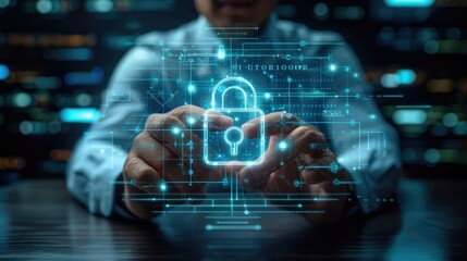 Aufkleber - Businessman using tablet computer with digital padlock on internet technology networking and data management, Cyber security network, Data protection concept. Generative AI.