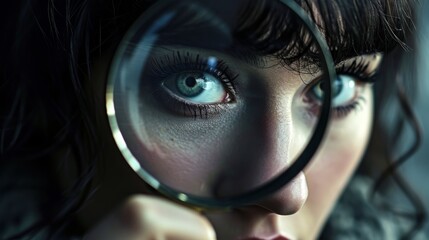 Close up portrait of a cheerful pretty girl looking through magnifying glass