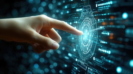 Aufkleber - A hand pointing to digital icon that symbolizes security, Data protection Cyber Security Privacy Business Internet Technology Concept. Generative AI.