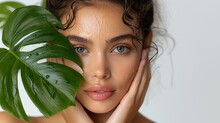 Close up face of beautiful young woman covering part of her face by green leaf while looking at camera. Portrait of beauty woman without makeup standing behind green fresh leaves with water drops