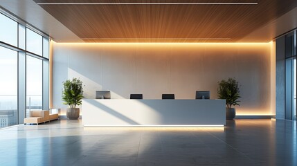 Poster - A reception desk in a corporate office, empty wall behind desk, sleek design. Generative AI.