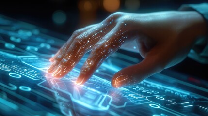 Fototapete - Close-up of a human hand interacting with a holographic screen in a brightly lit office. Generative AI.