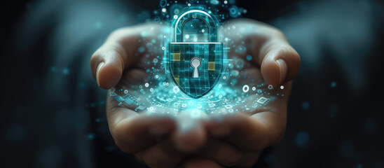 Aufkleber - Digital person holding hand with a lock on the symbol to indicate security, in the style of shaped canvas, light blue. Generative AI.