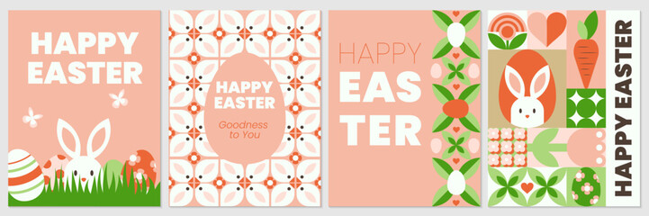 Wall Mural - The set of Happy Easter geometric abstract posters, greeting cards, banners, holiday covers. The trendy vector design with bunny, Easter egg, flowers, simple forms, text. Neo geo art.