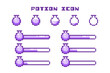 © Takoyaki Shop - Pixel Art Game Potion Bar Progress and Elixir Level Icons Set. 8 Bit Retro Computer Video Game UI HUD Purple Elements For Status Indicator and Animation.