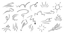 Movement Or Motion Lines Isolated Vector Set. Comic Speed And Boom Effect Symbols. Funny Bubbles Or Clouds, Arrows, Track And Trace. Funny Smoke And Steam, Black And White Explosions, Dynamic Actions