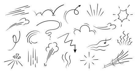 Movement or motion lines isolated vector set. Comic speed and boom effect symbols. Funny bubbles or clouds, arrows, track and trace. Funny smoke and steam, black and white explosions, dynamic actions