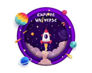 Wall Mural - space paper cut banner with rocket launch, galaxy planets and stars. cartoon 3d vector design with s