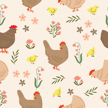 Cute Chicken In Wild Flowers Garden Seamless Repeat Pattern Hand Drawn Vector Illustration For Invitation Greeting Birthday Party Celebration Wedding Card Poster Banner Textiles Wallpaper Background