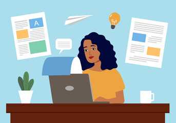 Female journalist writing an article on laptop computer. Concentrated female journalist creating media content on website.
