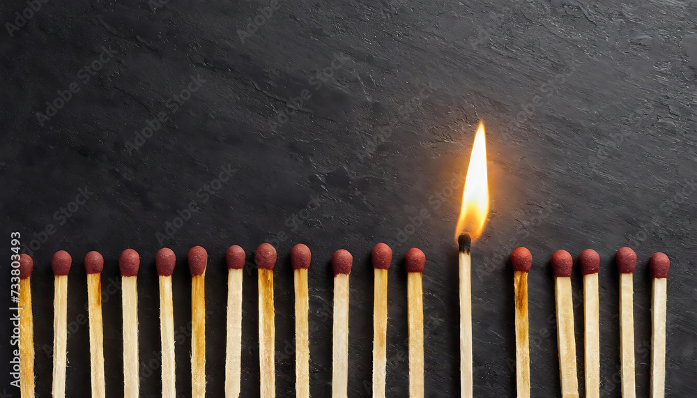 Lit match next to a row of unlit matchsticks on dark background. The ...