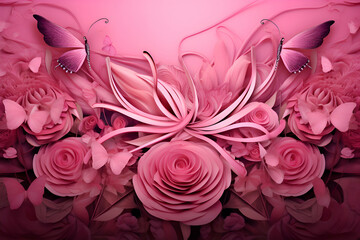 Wall Mural - Beautiful pink roses background with butterflies. Floral design for Valentine's Day.