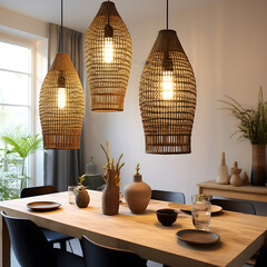 Boho Bohemian Kitchen Table, modern decor, style aesthetic, 3 rattan ceiling lamps closeup, window, light from window, shadows, plants 