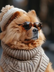 Chow Chow dog portrait with high necked sweater, showcasing innovative and fashionable beauty trends from the 1960s