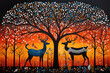Traditional Gond art from India of deer and trees against a black background.