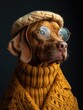 Vizsla dog portrait with glasses and high necked sweater