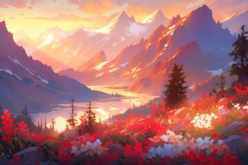Wall Mural - sunsetting in the evening with the view of mountains reflected by a beautiful lake and a field full of flowers 