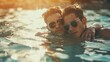 © petrrgoskov - Gay couple wearing sunglasses relaxing in swimming pool or in a sea. LGBT. Two young men enjoying nature outdoors and hugging. Young men romantic family in love. Happiness concept.