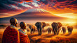 Spectacular African Sunset: Maasai People Observing Elephants' Trek from Mount Kilimanjaro
