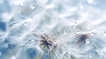 Beautiful Dandelion Seeds With Clean Of Water Droplets On Blue Turquoise, Soft Focus In Nature Macro. Dandelion With Smooth Rays Of Light Bokeh Background.