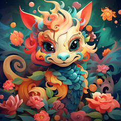 Wall Mural - Cute cartoon dragon with flowers.  illustration for your design.