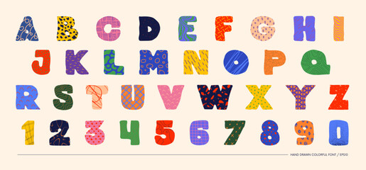 Aufkleber - Hand drawn colorful bizarre alphabet thick font with different textures, unusual latin typeface in matisse art style, vector bold letters and numbers