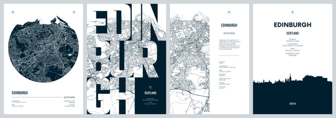 Wall Mural - Set of travel posters with Edinburgh, detailed urban street plan city map, Silhouette city skyline, vector artwork