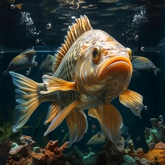 Wall Mural - AI generated illustration of a brightly colored fish swimming in a crystal-clear body of water