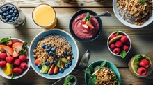 AI Generated Illustration Of A Breakfast Table With Several Cereal Bowls Filled With Healthy Foods