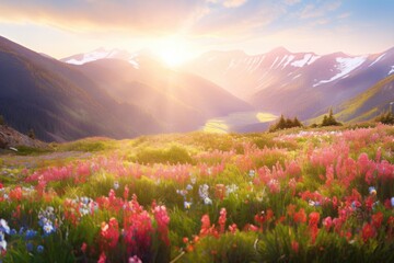 Wall Mural - sun shining in the mountainside of a valley and a hill with the view of clouds and beautiful sky and a field of leaves and red roses