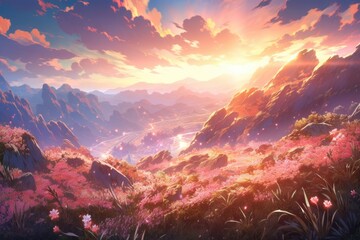 Wall Mural - sun shining in the mountainside of a valley and a hill with the view of clouds and beautiful sky and a field of leaves and red roses