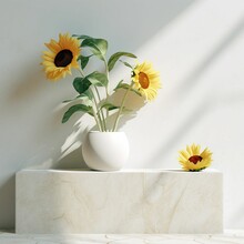 Two Sunflowers Sitting In A Vase With Green Leaves