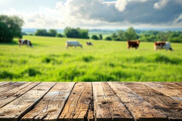 Wall Mural - Wooden table with grass and cows background.