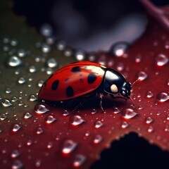 Poster - AI generated illustration of a vibrant ladybug perched atop a verdant leaf with rain droplets