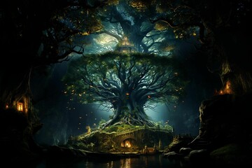 Wall Mural - a beautiful tree surrounded by trees and water at night with lots of lights on it