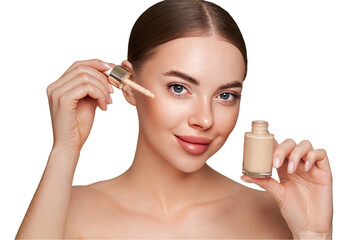 Wall Mural - portrait beautiful young woman with clean fresh skin. model with foundation makeup bottle. cosmetolo