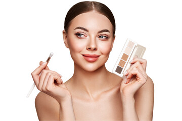 Wall Mural - beauty woman with eye shadow makeup palette. model with healthy perfect skin, close up portrait. cos