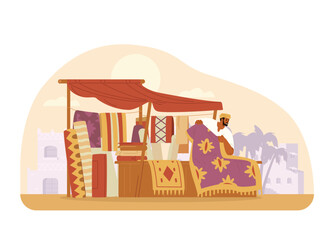 Wall Mural - Middle Eastern carpets street shop with seller and ancient city at the background flat vector illustration.