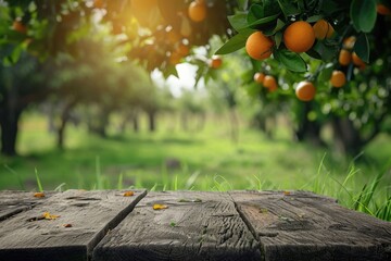 Wall Mural - farm table with tree podium and nature background