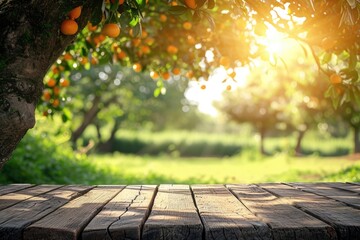 Wall Mural - farm table with tree podium and nature background