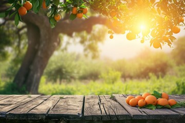 Wall Mural - farm table with tree podium and nature background
