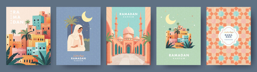 Wall Mural - ramadan kareem set of posters, cards, holiday covers. arabic text mean ramadan kareem. modern design