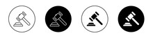 Law Icon Set. Law gavel judge hammer vector symbol in a black filled and outlined style. Justice Delivered Sign.