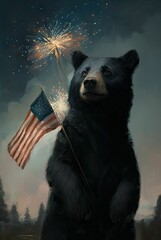 Wall Mural - AI generated illustration of A black bear holding  the American flag